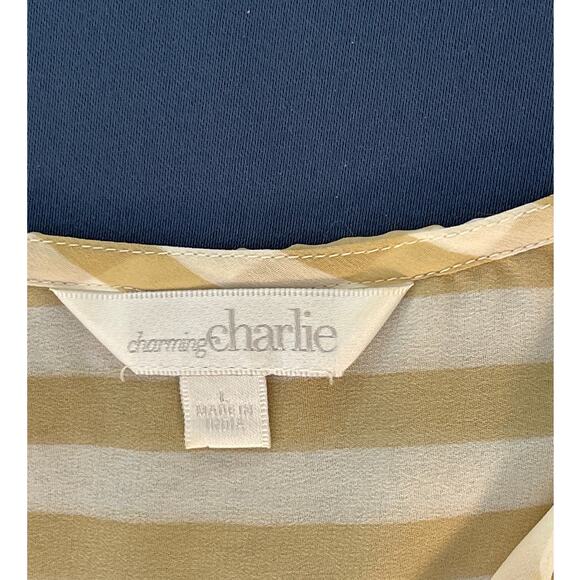 Charming Charlie Sheer Striped Collared Roll Up Sleeve Blouse White/Yellow Sz L - Picture 3 of 8